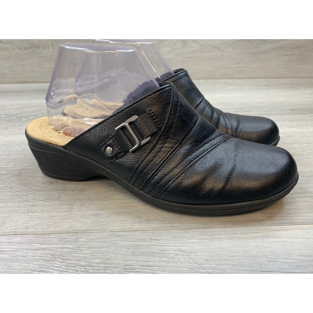 Earth Spirit Women's Gelron Black Clogs 9 Low Wedge Mules Buckle Accent Shoes